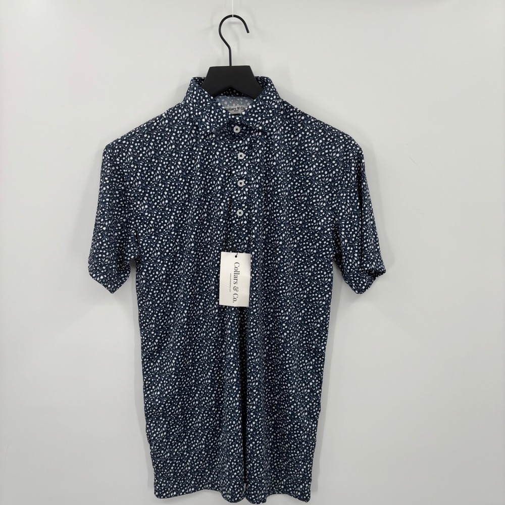 Collars & Co Dress Collar Polo Mens Small Navy Floral Performance Golf Shirt New